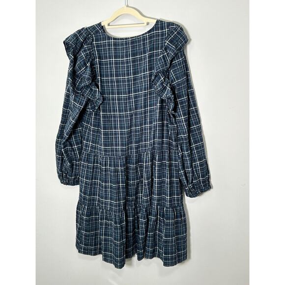 NWT Madewell Women's Gauze Ruffle Trimmed Mini Dress in Deep Indigo Plaid Size L - Picture 4 of 9